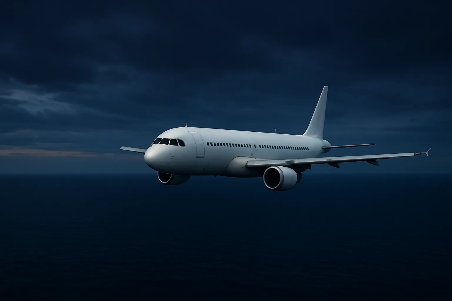 Avion de ligne blanc en vol au-dessus de la mer Méditerranée, sous un ciel de fin de journée