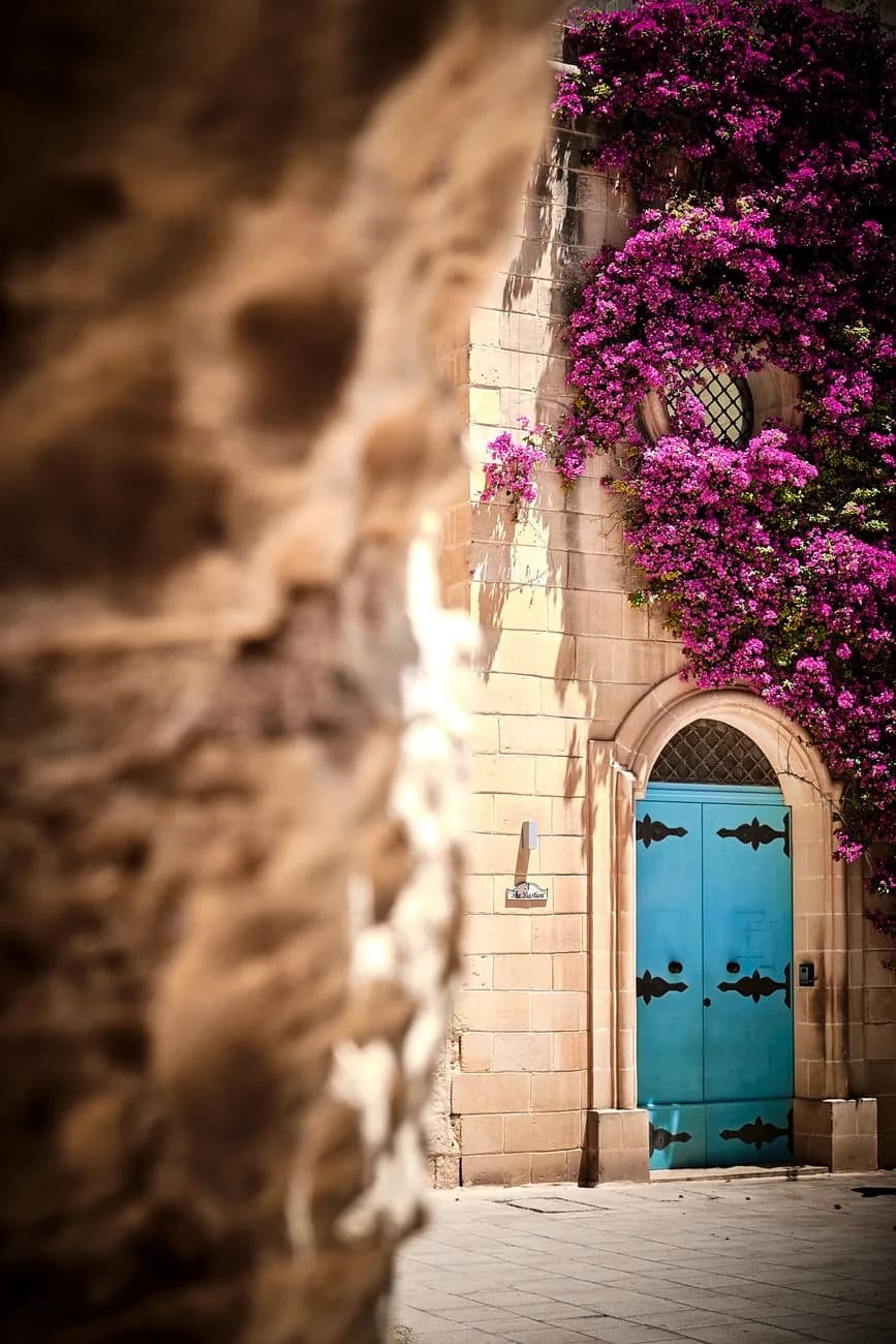 Ruelle de Mdina avec porte turquoise et bougainvillier, cité du silence à Malte