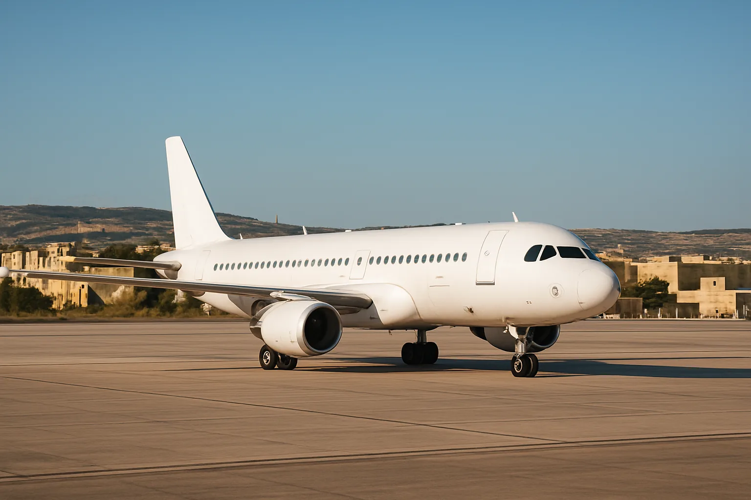 Illustration d'un avion de ligne blanc sur le tarmac d'un aéroport méditerranéen au soleil