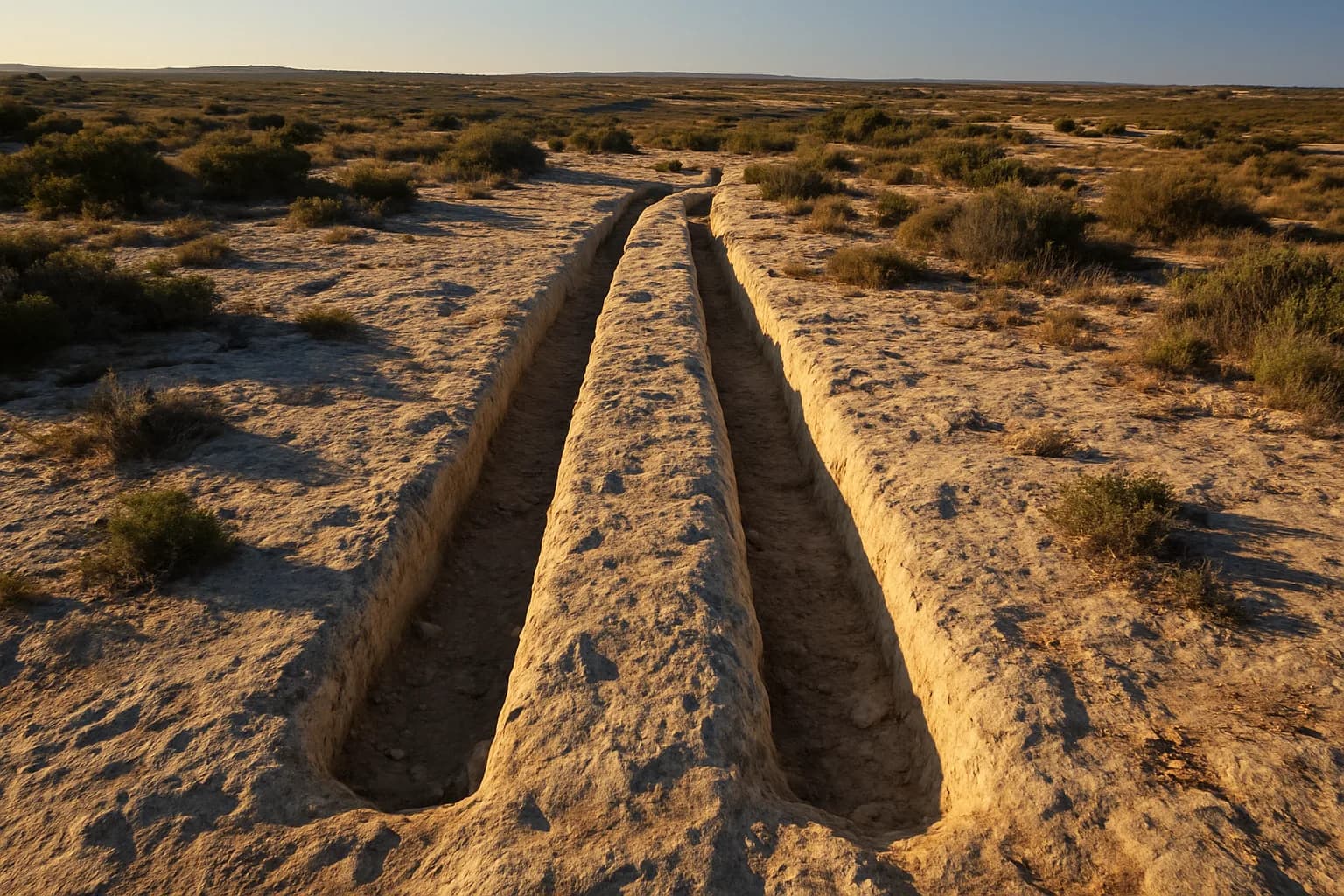 Deux sillons parallèles creusés dans un plateau calcaire nu entouré de garrigue, à la manière des ornières de Clapham Junction
