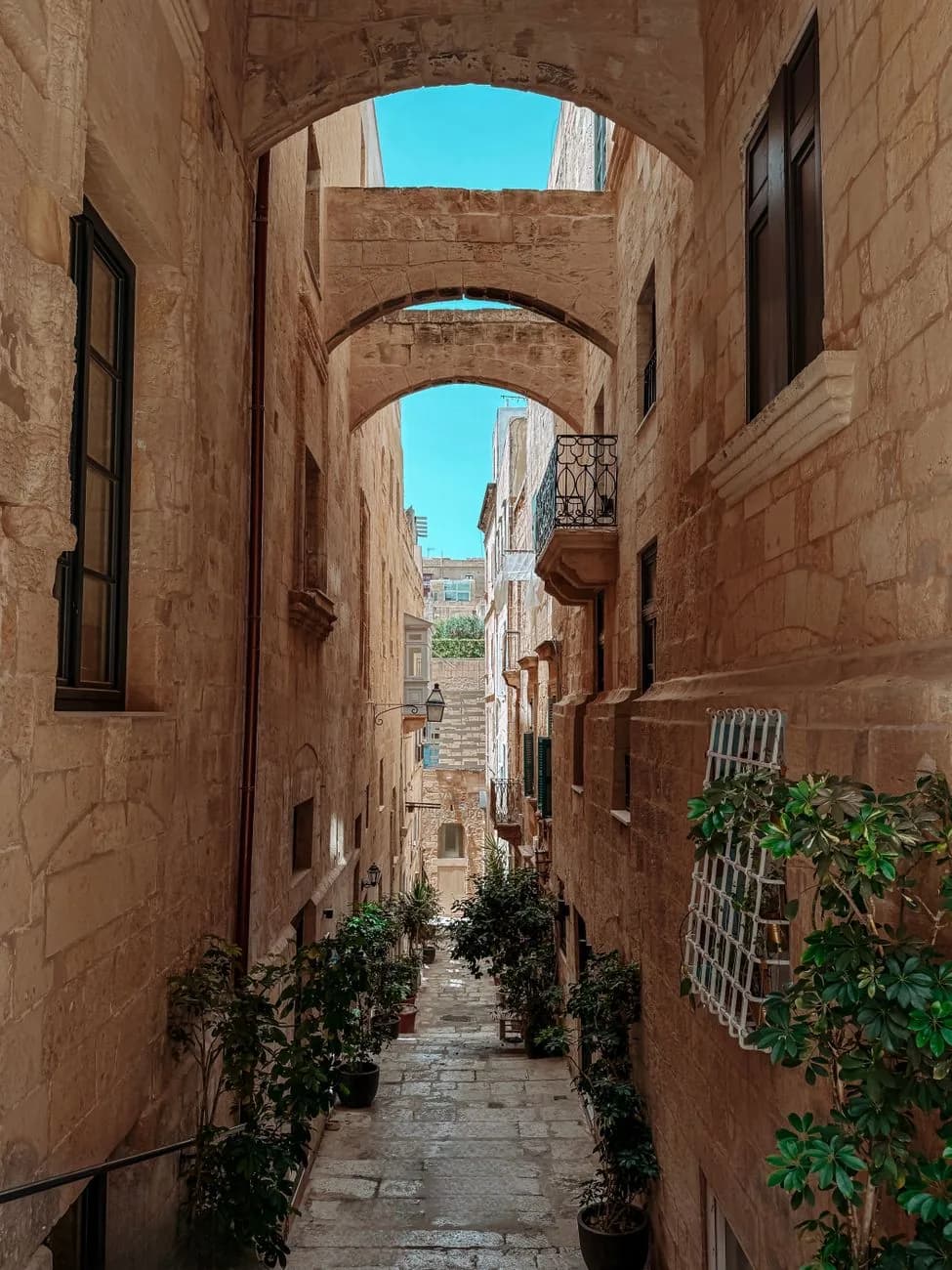 Une ruelle en pente de La Valette à Malte, bordée de maisons en pierre calcaire et de plantes en pot