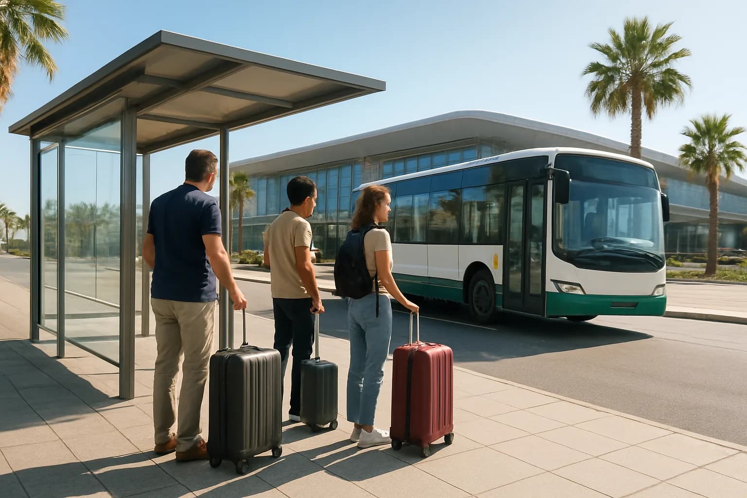 Trois voyageurs avec des valises attendent à un arrêt de bus abrité devant un terminal d'aéroport, pendant qu'un bus blanc et vert arrive